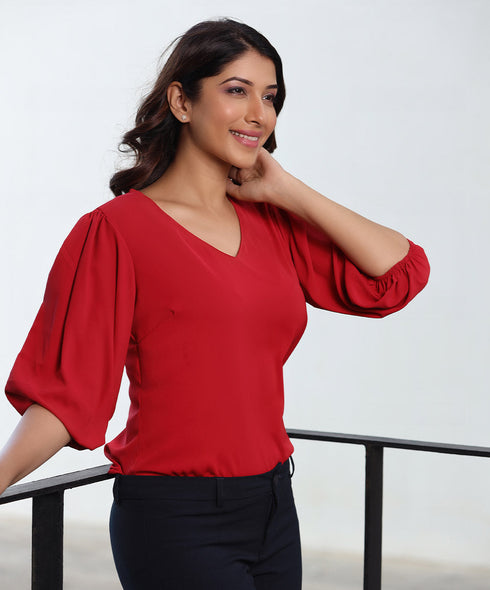 Vneck Balloon Sleeve Red Chiffon Top